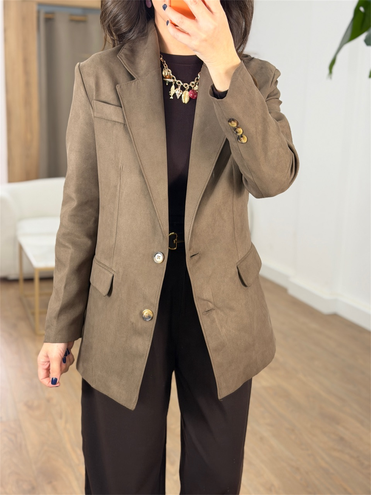 İki Düğmeli Süet Ceket - Sütlü Kahve