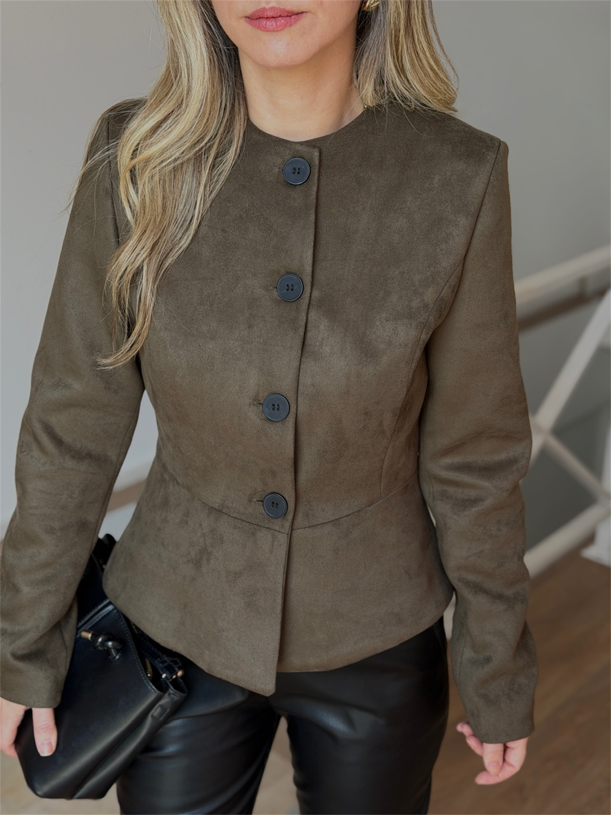 Önü Düğmeli Premium Süet Ceket - Haki