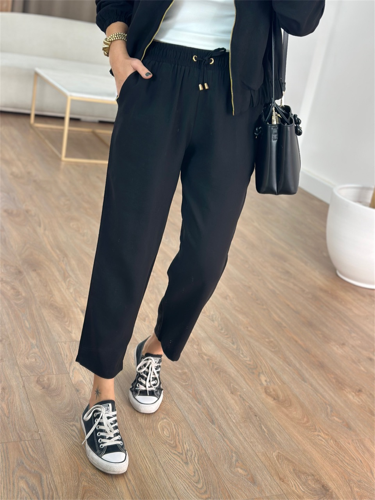 Fermuarlı Pantolon Ceket Takım - Siyah