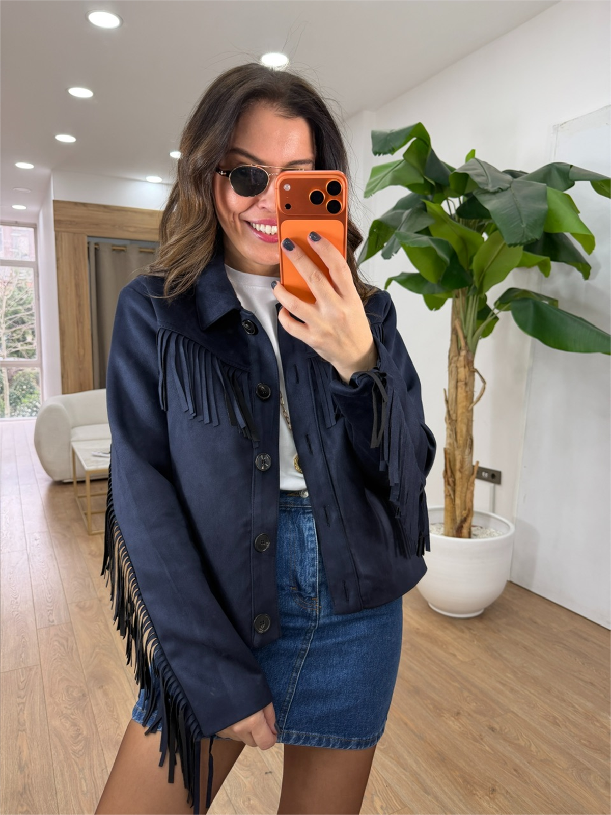 Düğmeli Püsküllü Süet Ceket - Lacivert