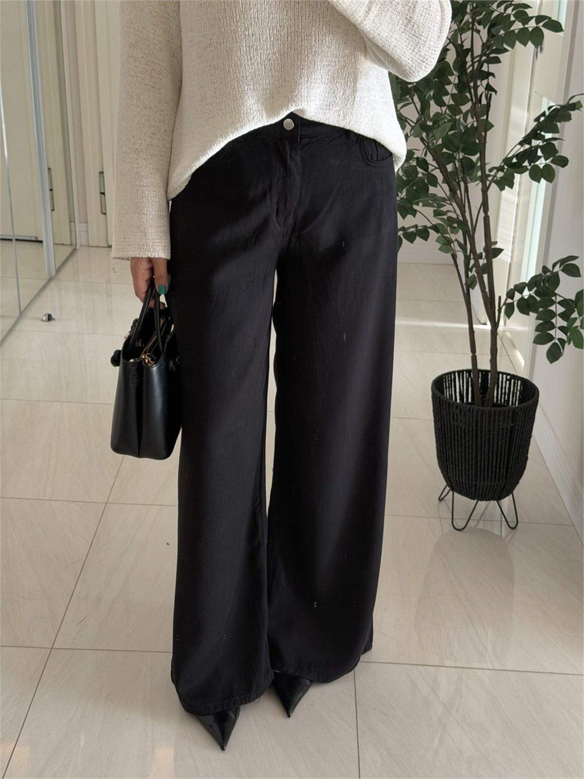 Bel Arkası Lastikli Tensel Denim Palazzo - Siyah