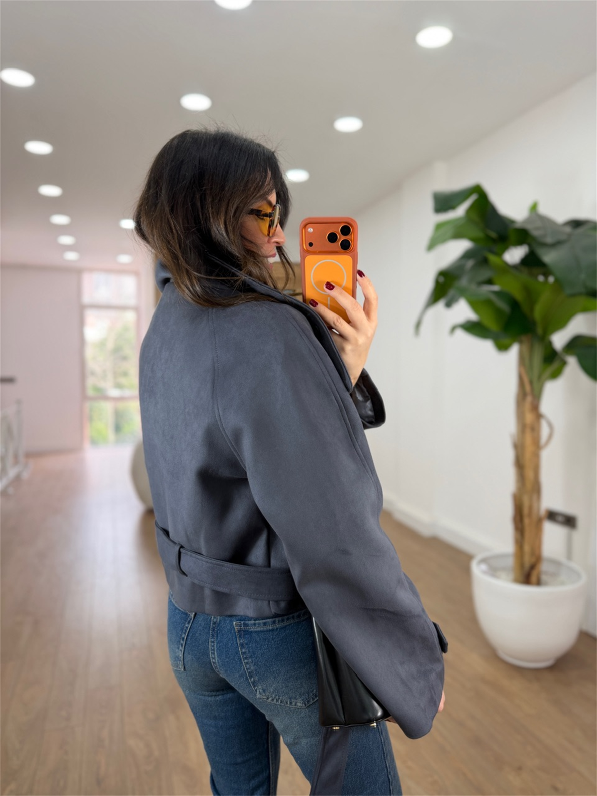 Dik Yaka Kuşaklı Süet Ceket - Füme 