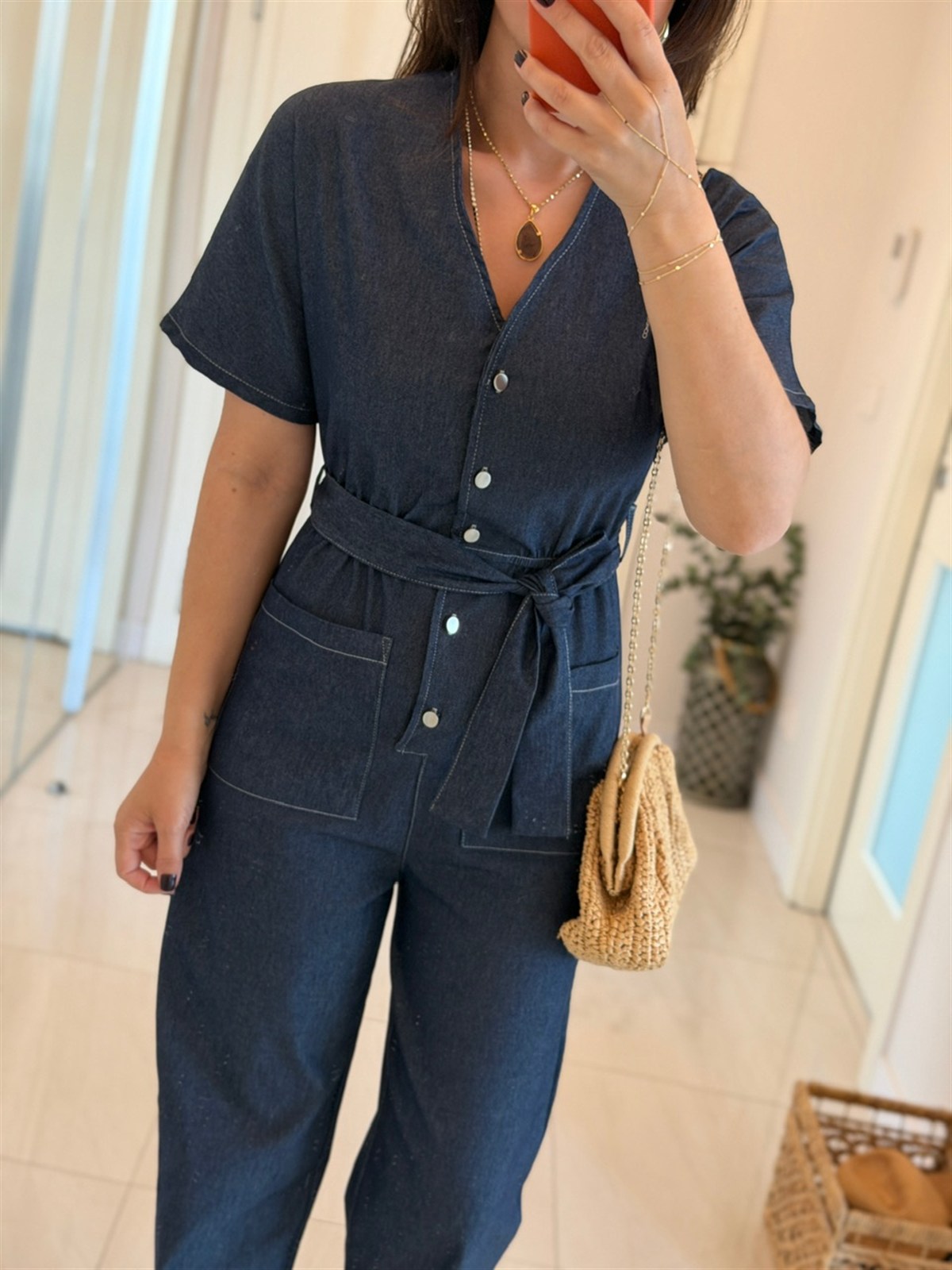 Beli Kuşaklı Likralı Denim Tulum