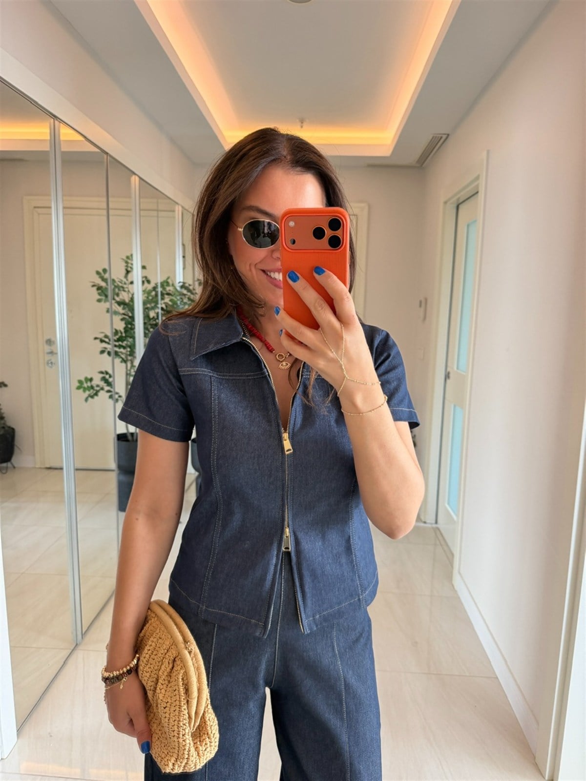Çift Fermuarlı Likralı Denim Gömlek - Mavi