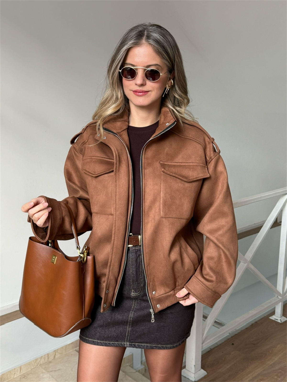Beli Lastikli Cepli Bomber Süet Ceket - Kahverengi