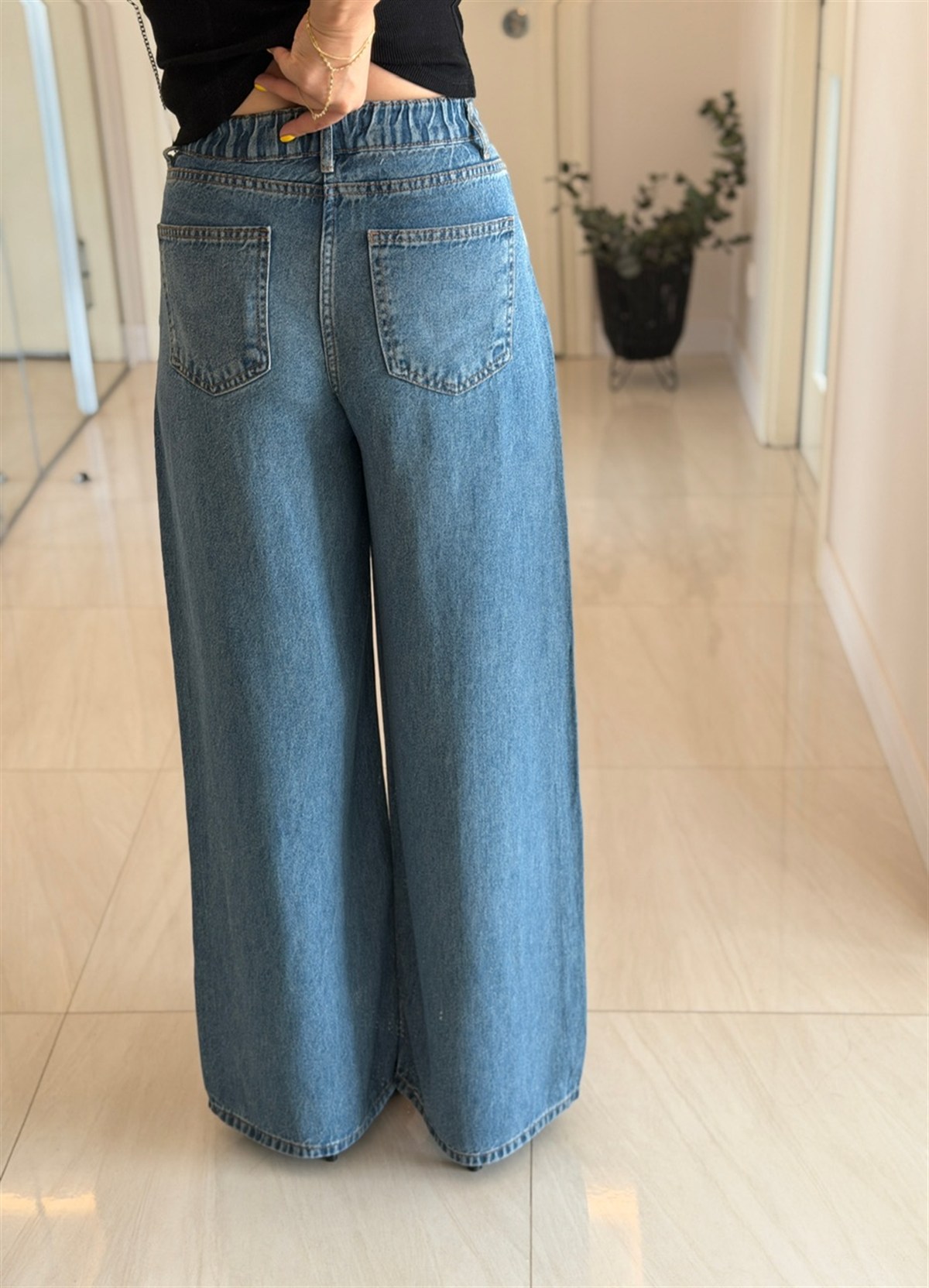 Bel Arkası Lastikli Tensel Denim Palazzo