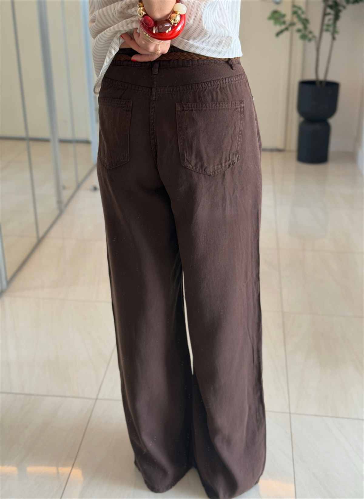 Premium Tensel Palazzo Denim Pantolon - Kahve