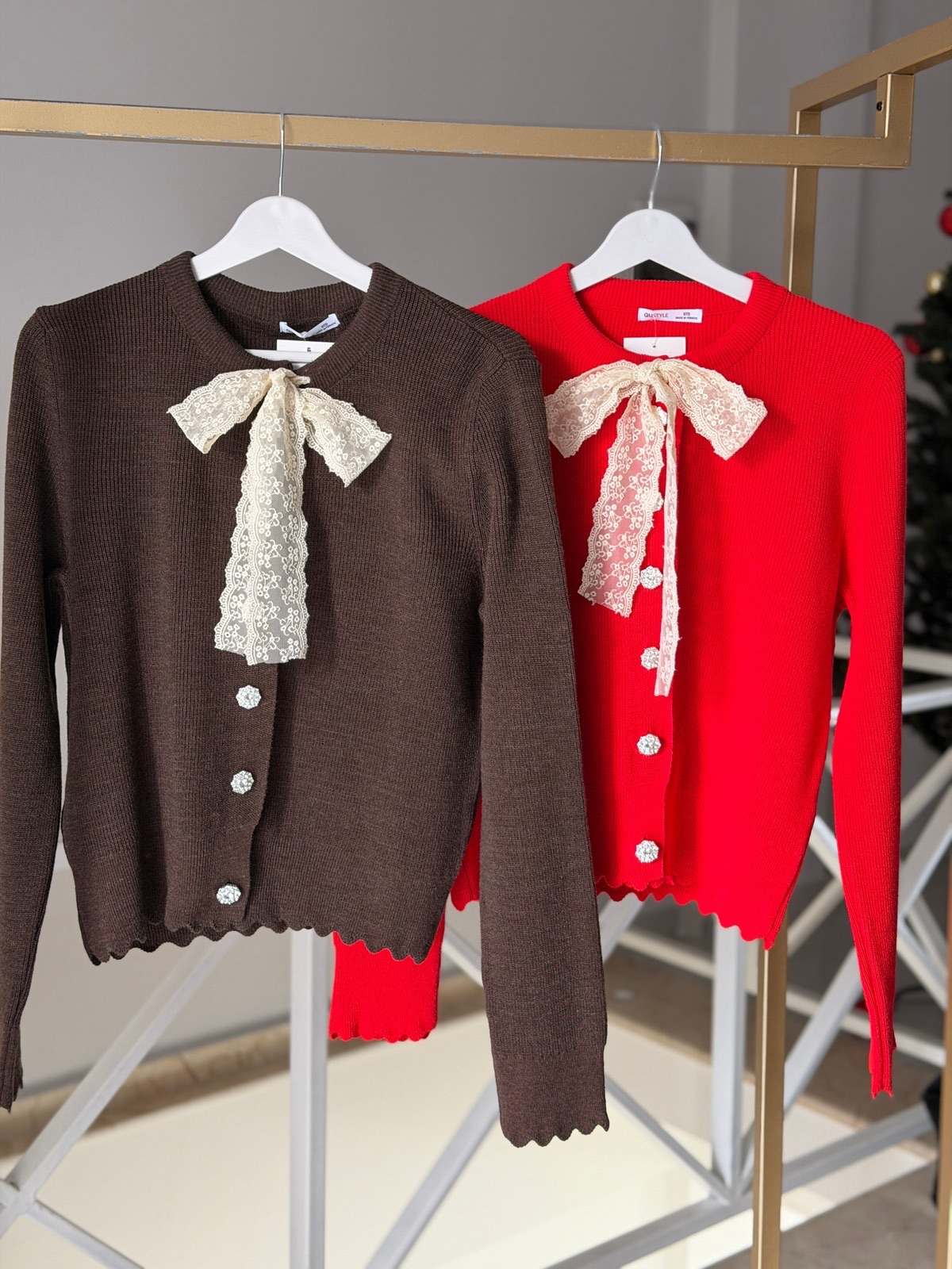 Dantel Fularlı Triko Hırka - Kahverengi