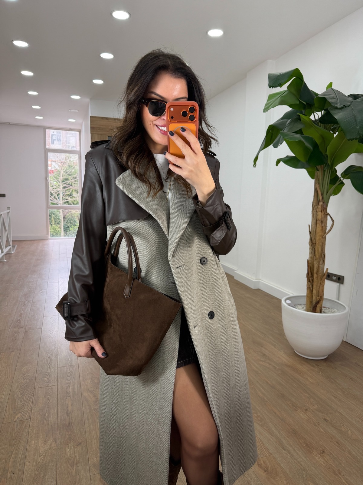 Premium Deri Detaylı Kırçıllı Kaban - Kahverengi