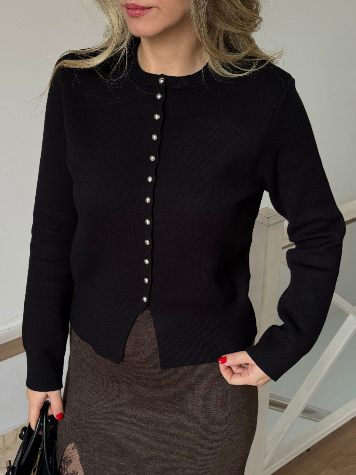 Bisiklet Yaka Düğmeli Triko Hırka - Siyah