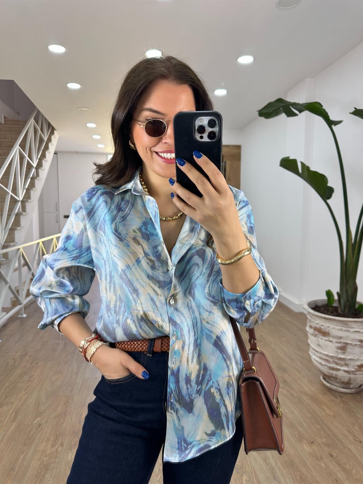 Ebruli Desen Parlak Gömlek-Mavi