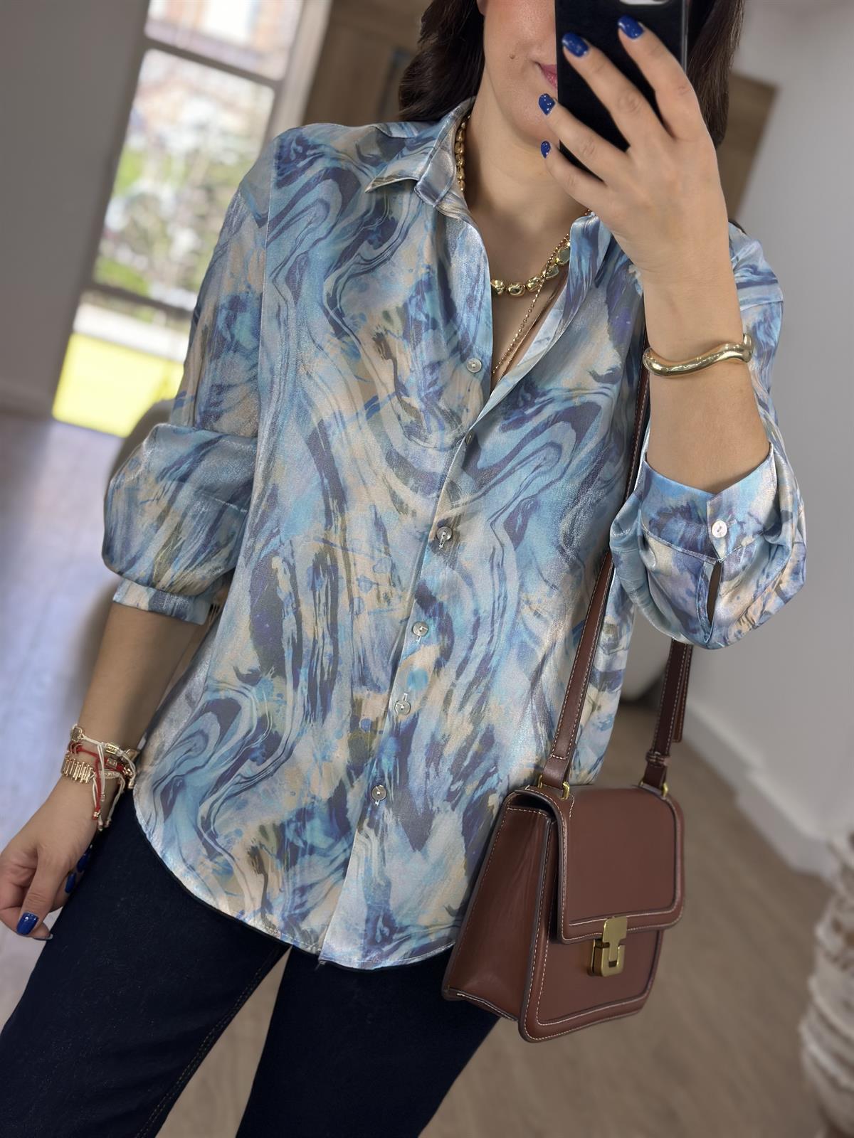 Ebruli Desen Parlak Gömlek-Mavi