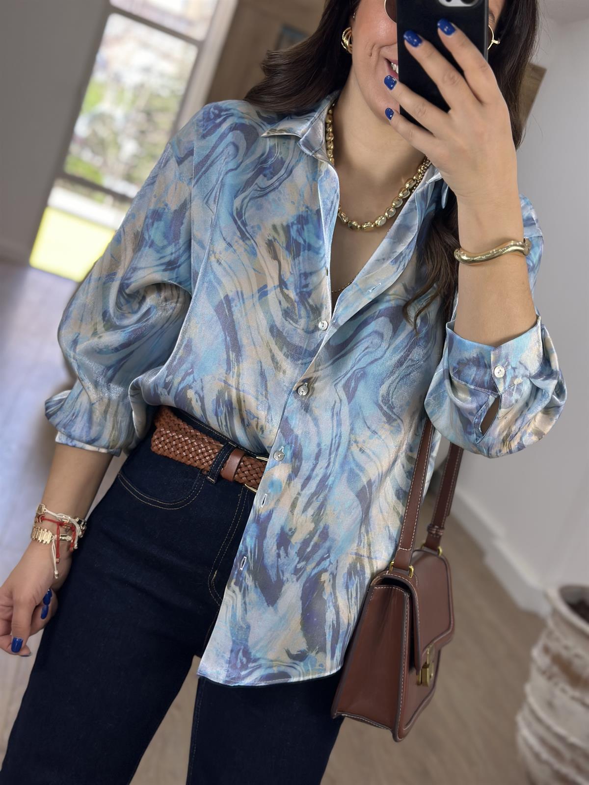 Ebruli Desen Parlak Gömlek-Mavi