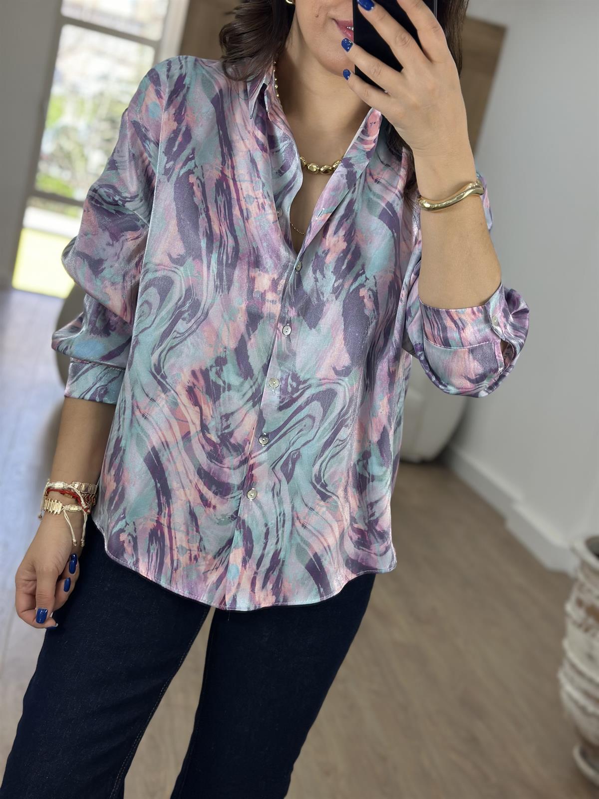 Ebruli Desen Parlak Gömlek-Pembe