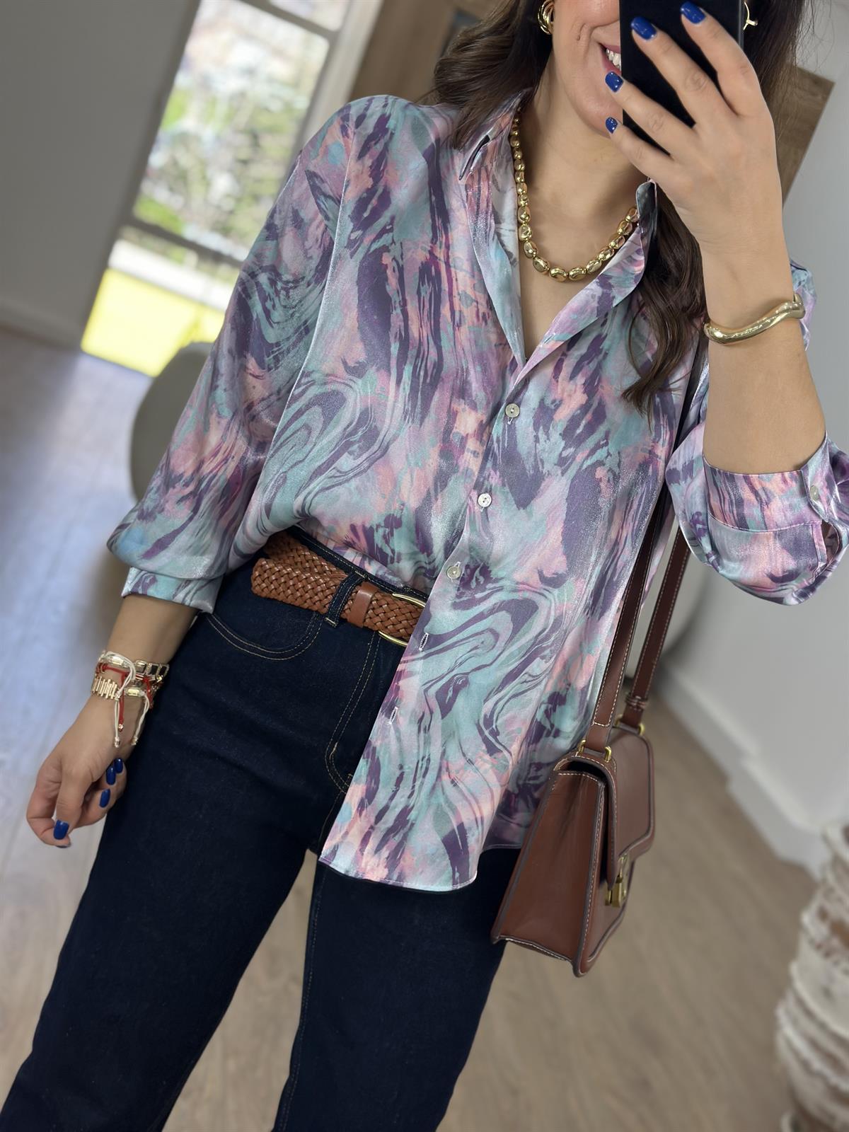 Ebruli Desen Parlak Gömlek-Pembe