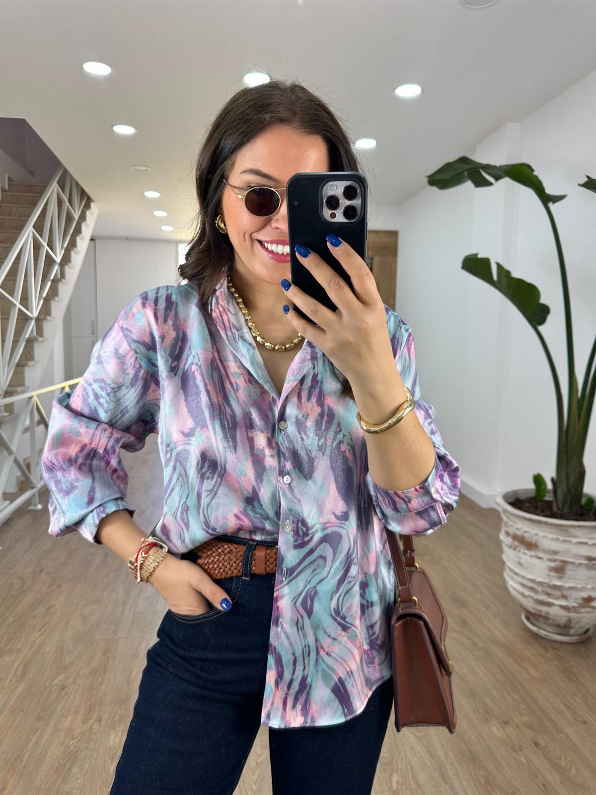 Ebruli Desen Parlak Gömlek-Pembe