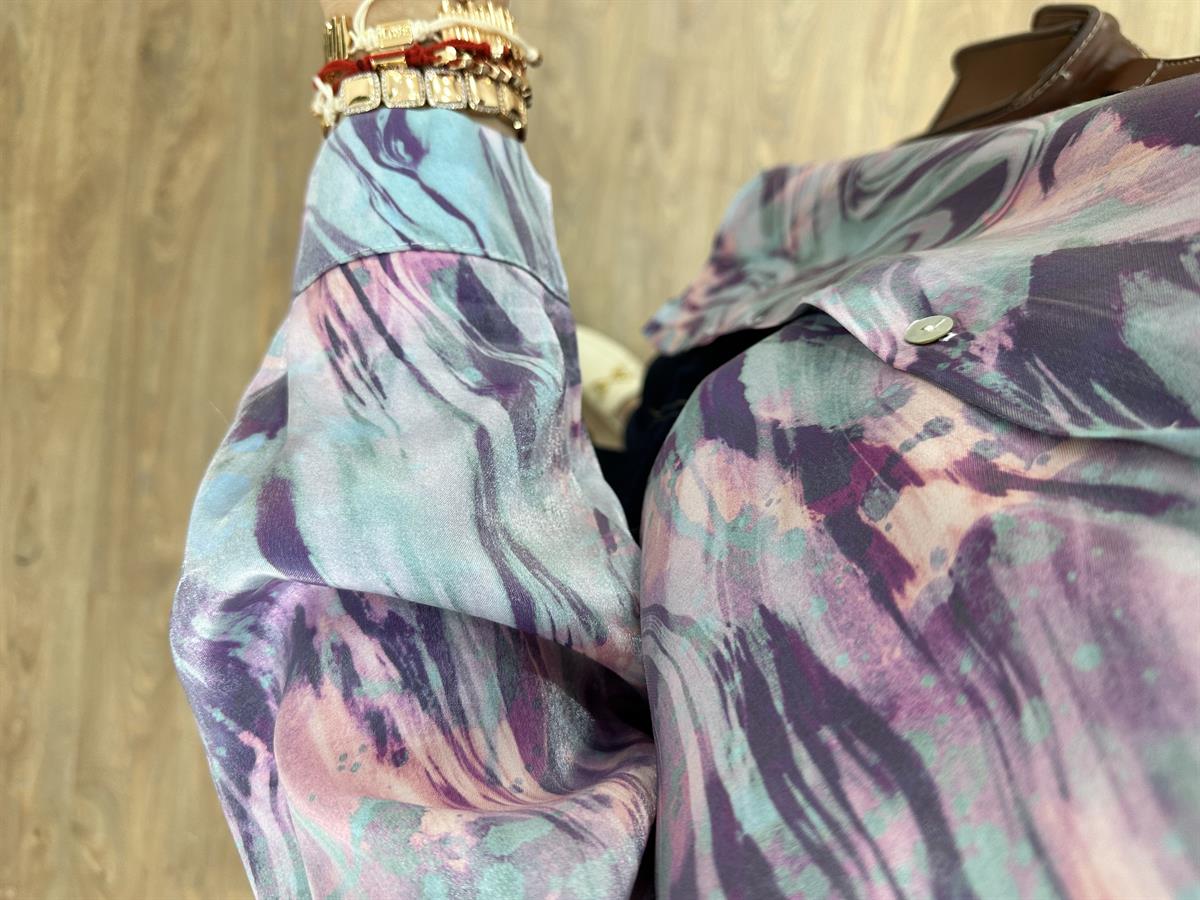 Ebruli Desen Parlak Gömlek-Pembe