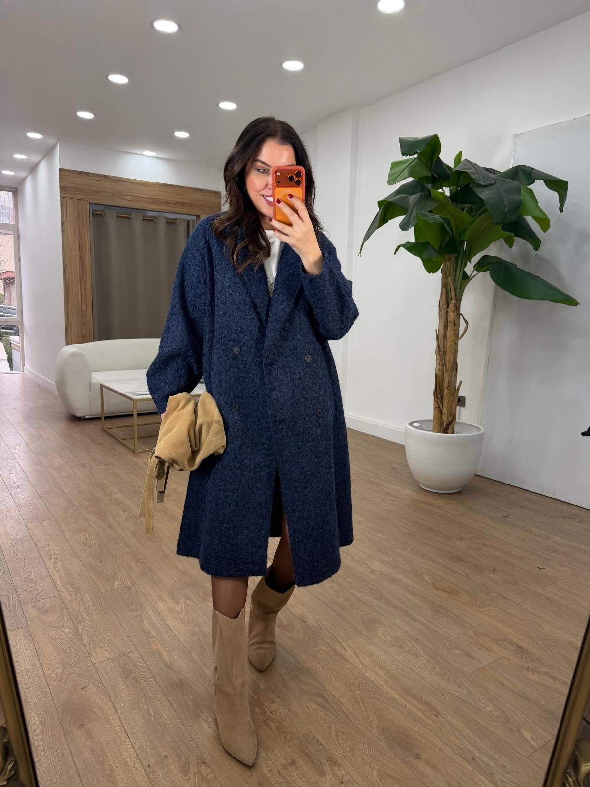 Premium Seri Kolu Düğmeli Buklet Kaban - Lacivert 