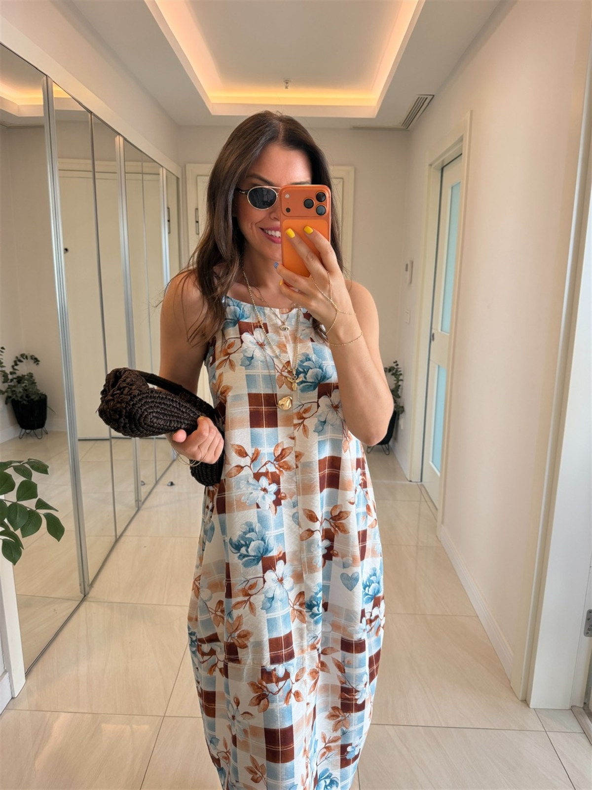 Kahve Mavi Çiçek Desenli Cepli Tensel Elbise