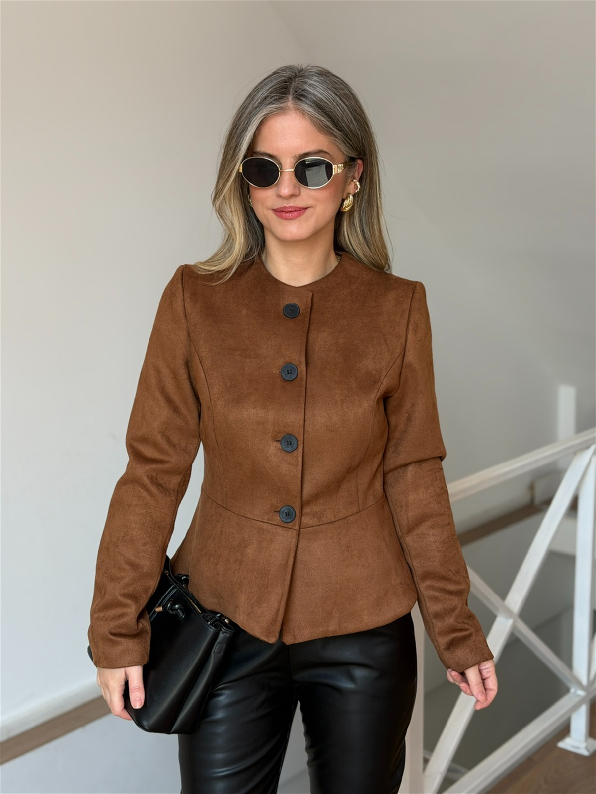 Önü Düğmeli Premium Süet Ceket - Camel