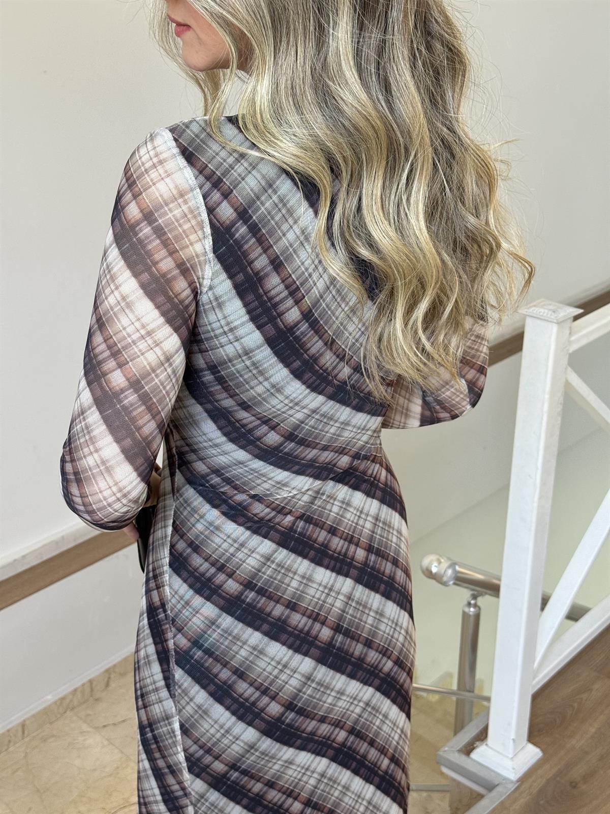 Ekose Desenli Maxi Elbise 