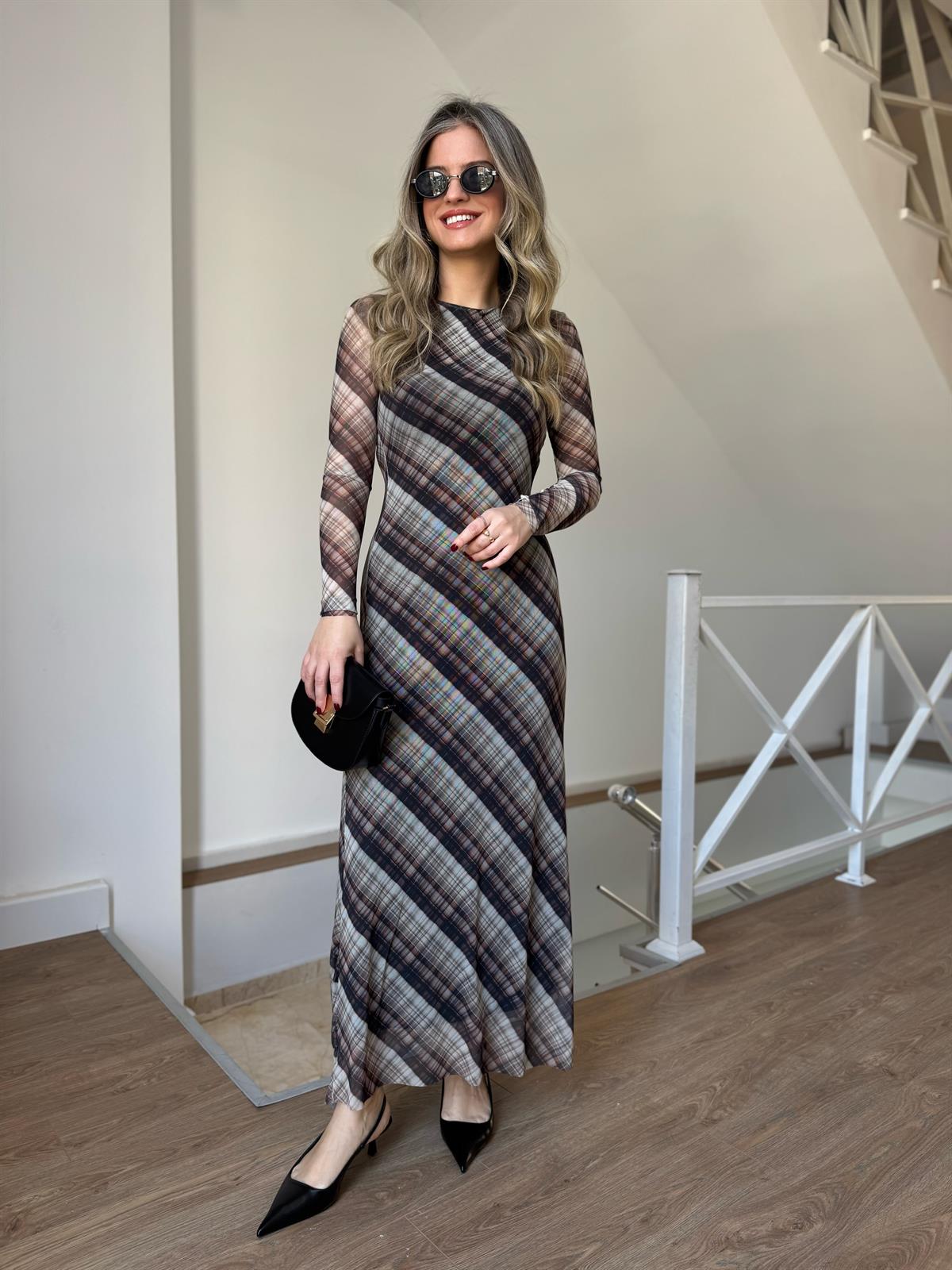 Ekose Desenli Maxi Elbise 