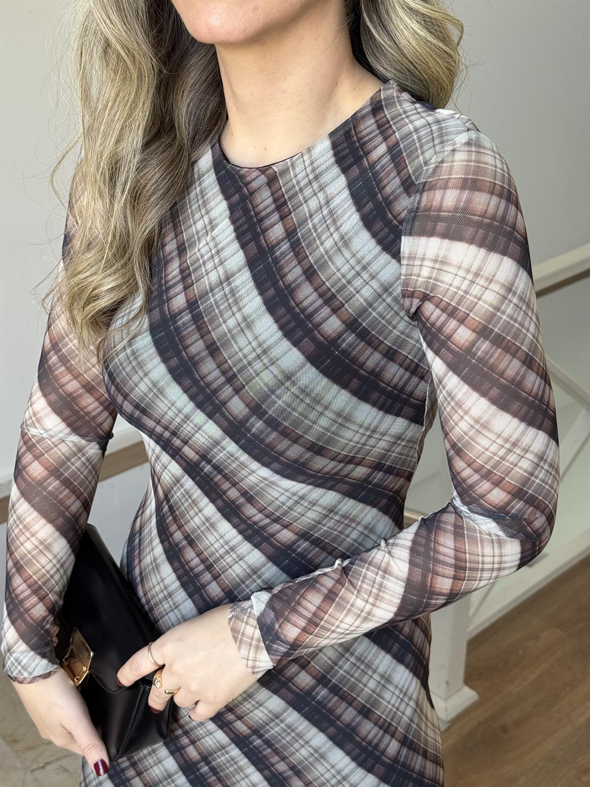 Ekose Desenli Maxi Elbise 