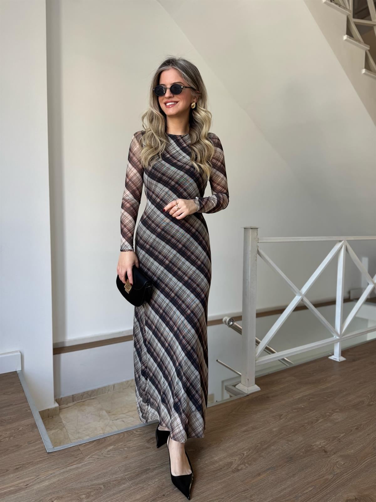 Ekose Desenli Maxi Elbise 