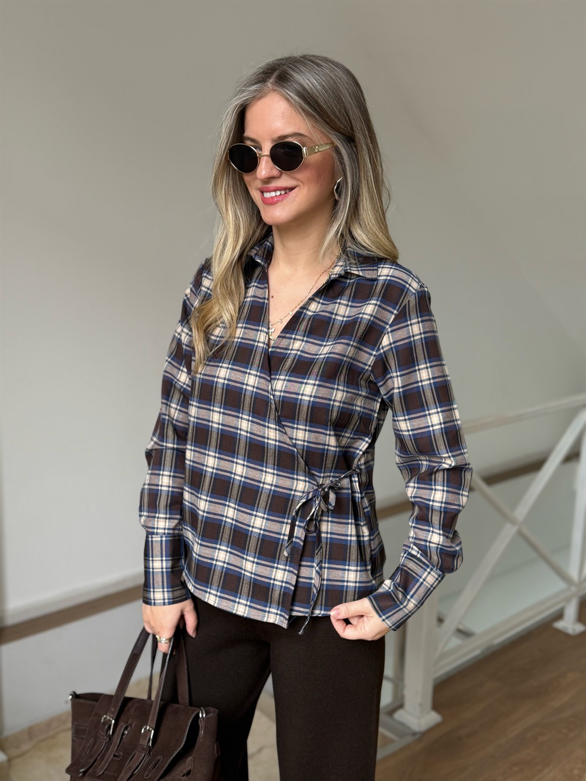 Ekoseli Kruvaze Gömlek - Kahve/Bej 