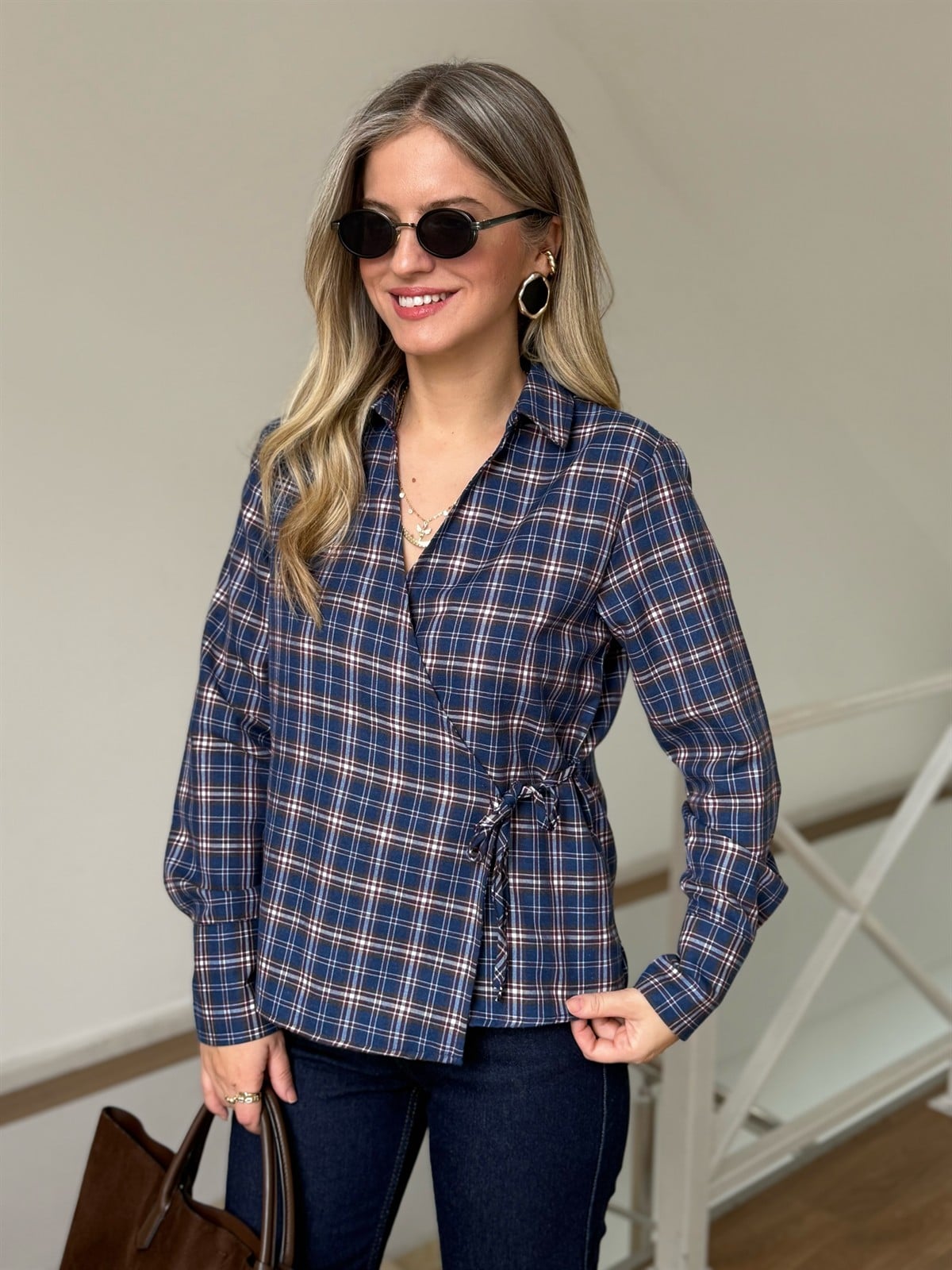 Ekoseli Kruvaze Gömlek - Lacivert/Bordo