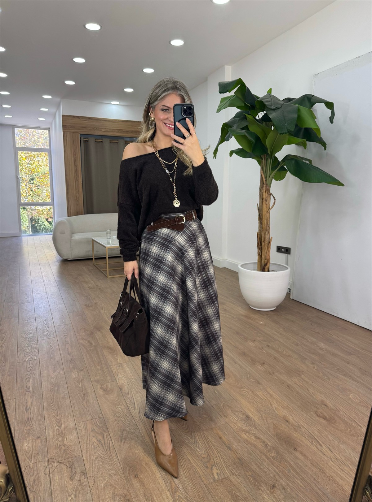 Kemerli Ekoseli Midi Etek