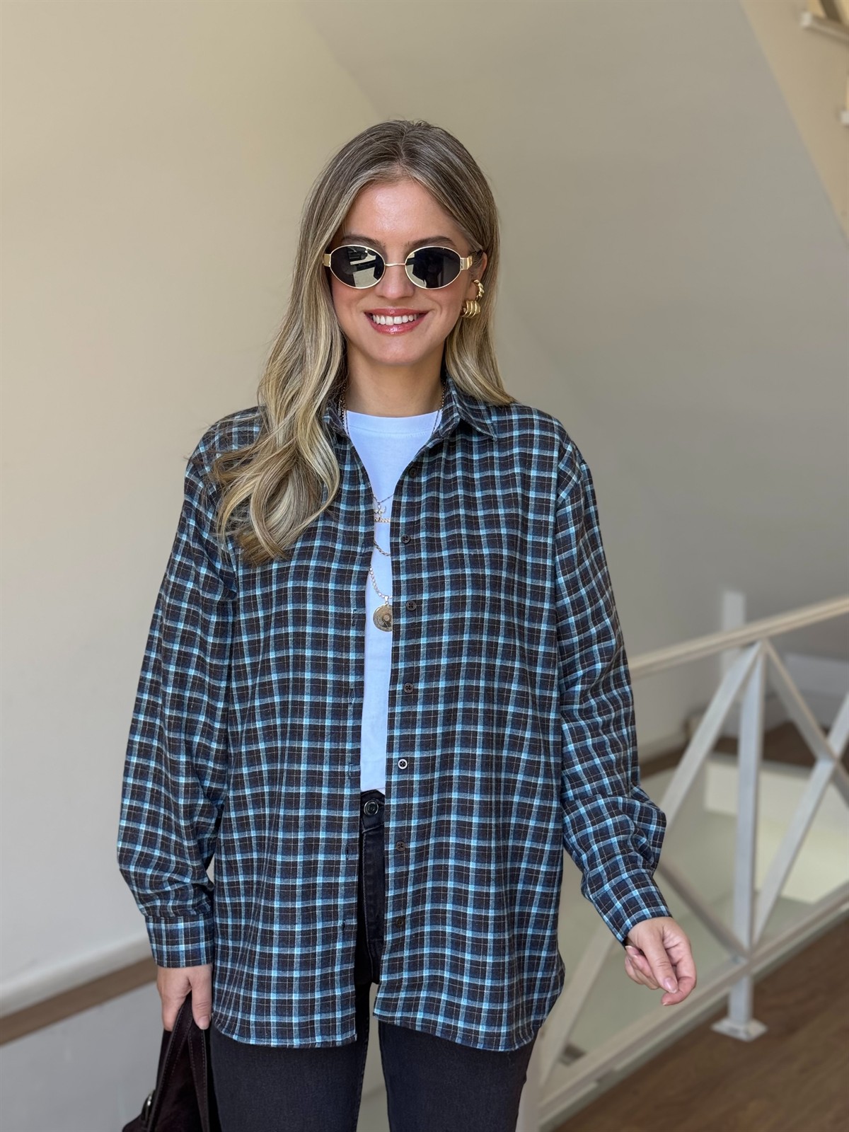 Ekoseli Oduncu Gömlek  - Turkuaz/Kahve