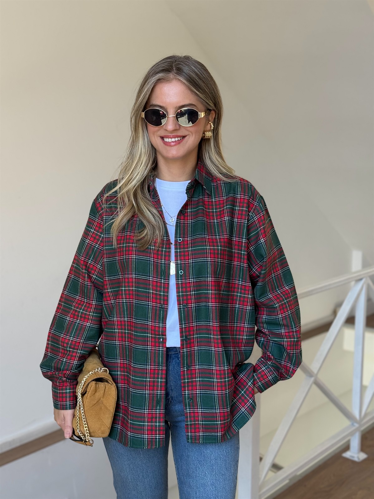 Ekoseli Oduncu Gömlek  - Yeşil/Kırmızı