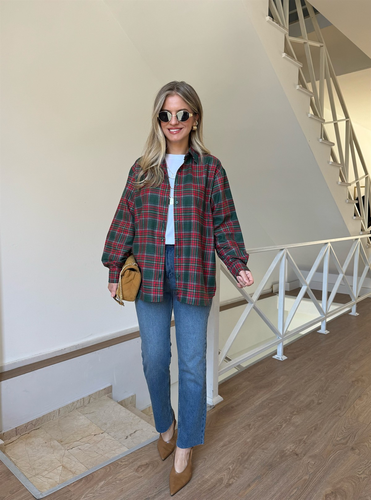 Ekoseli Oduncu Gömlek  - Yeşil/Kırmızı