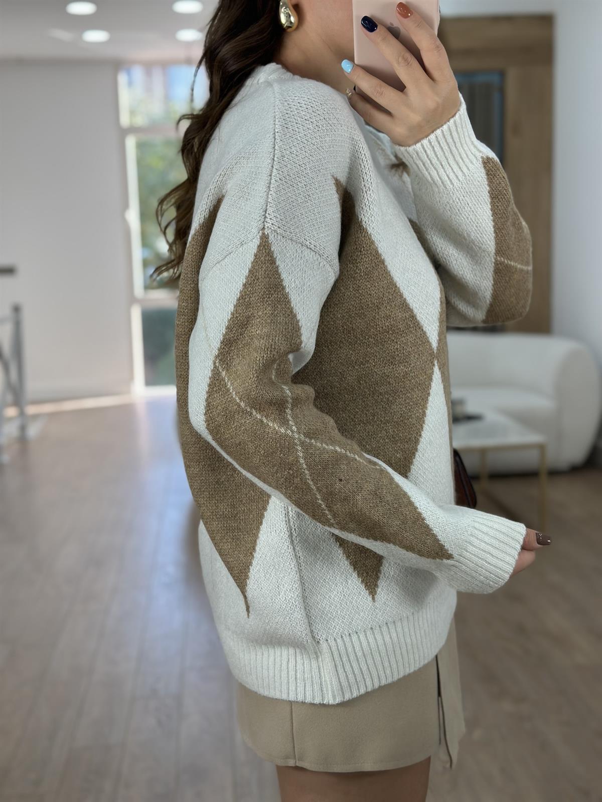 Ekru Camel Baklava Desenli Kazak