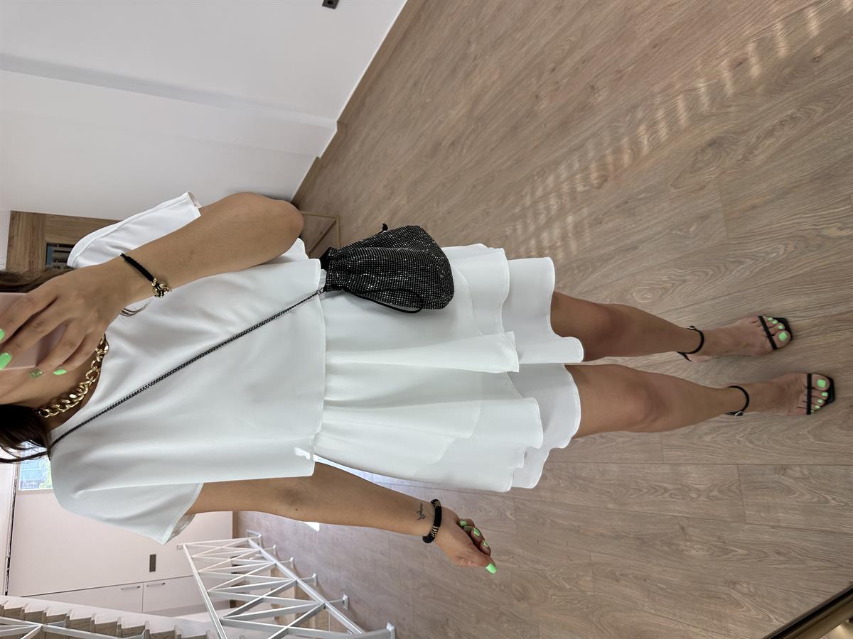 Eteği Katlı Şifon Elbise-Ekru