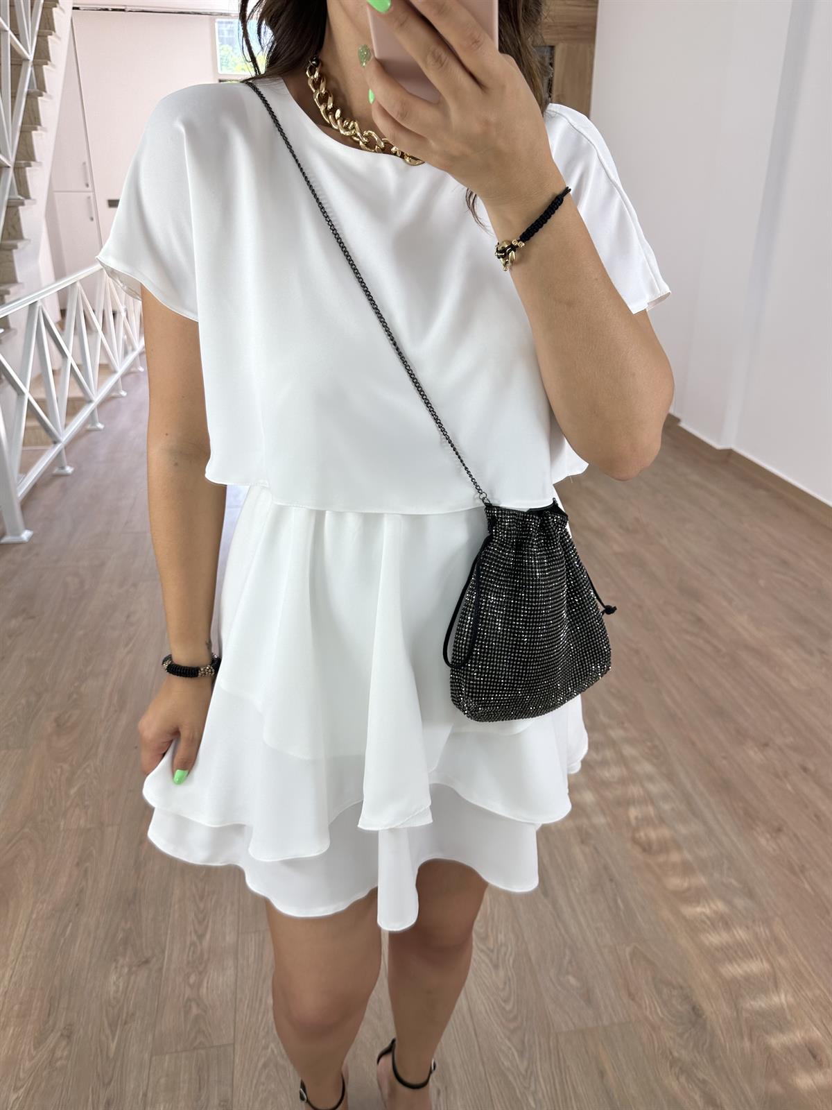 Eteği Katlı Şifon Elbise-Ekru