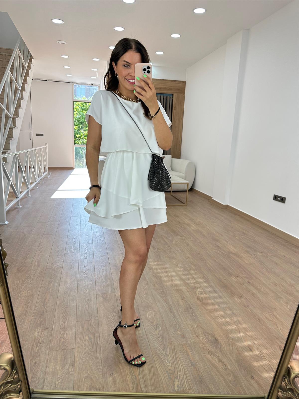 Eteği Katlı Şifon Elbise-Ekru