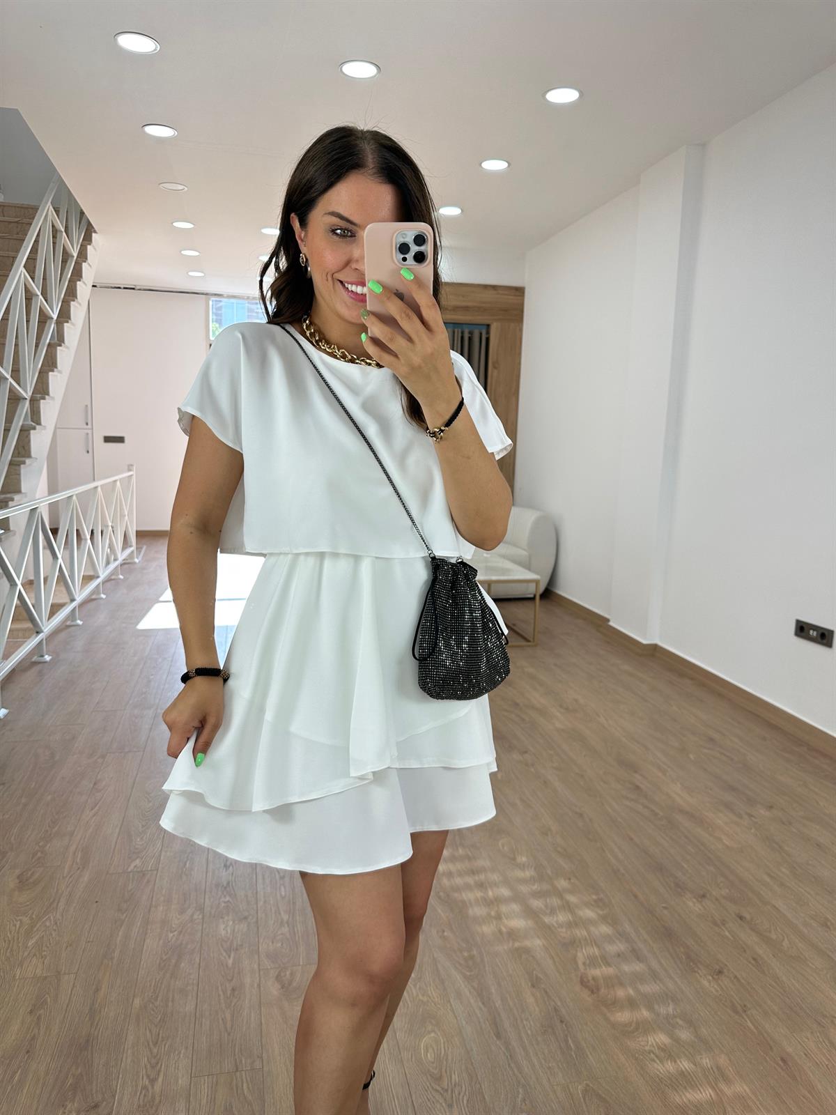 Eteği Katlı Şifon Elbise-Ekru