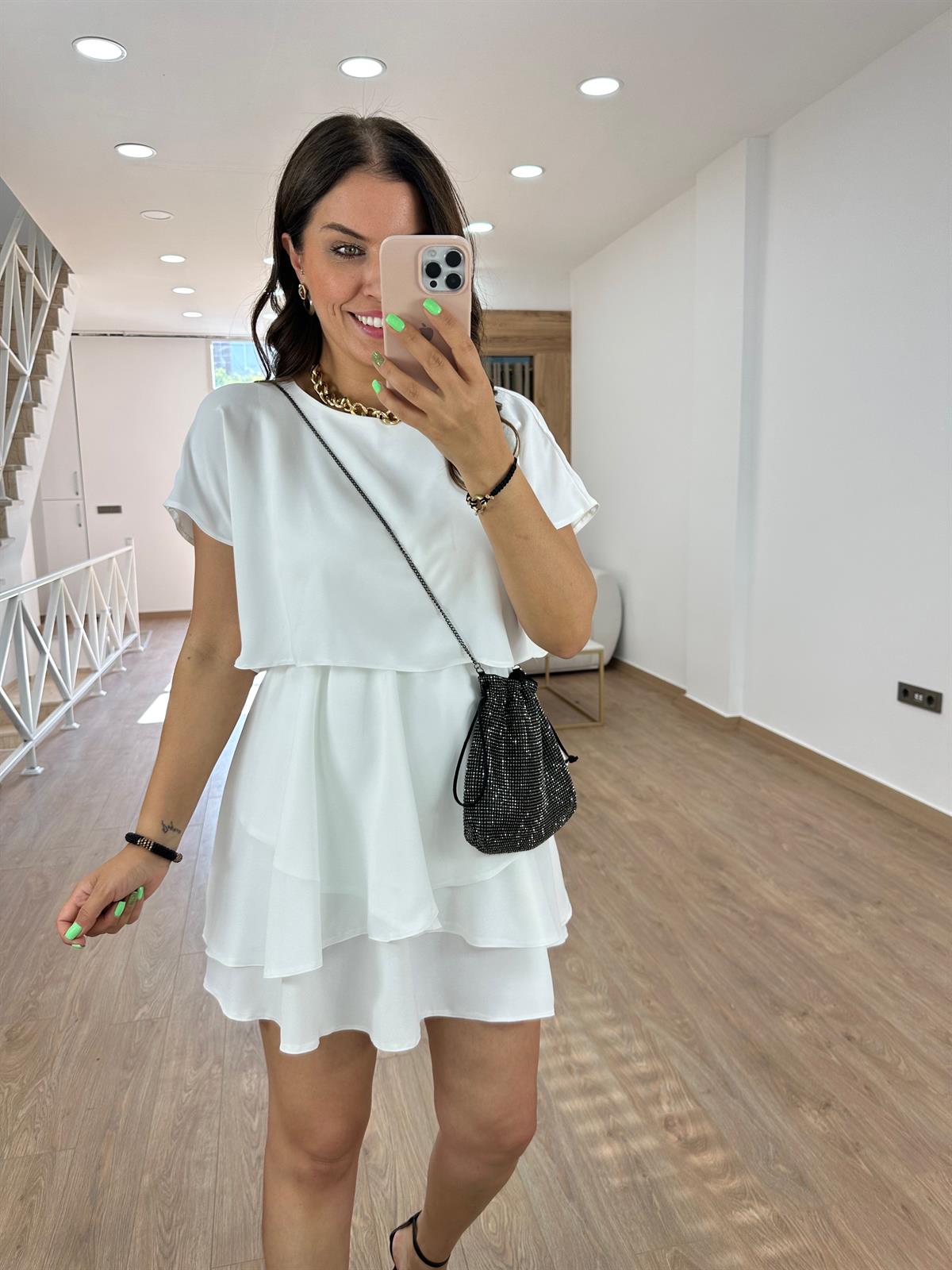 Eteği Katlı Şifon Elbise-Ekru