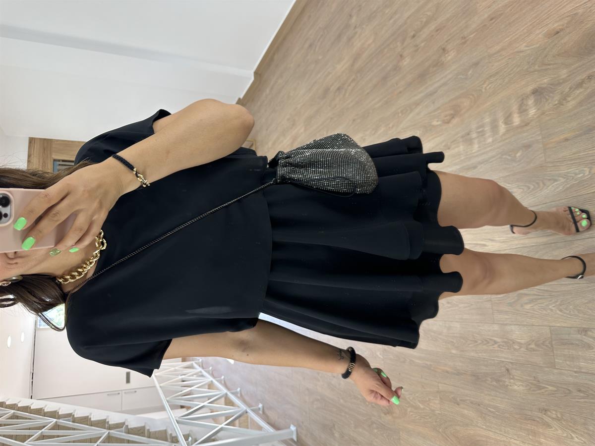 Eteği Katlı Şifon Elbise-Siyah