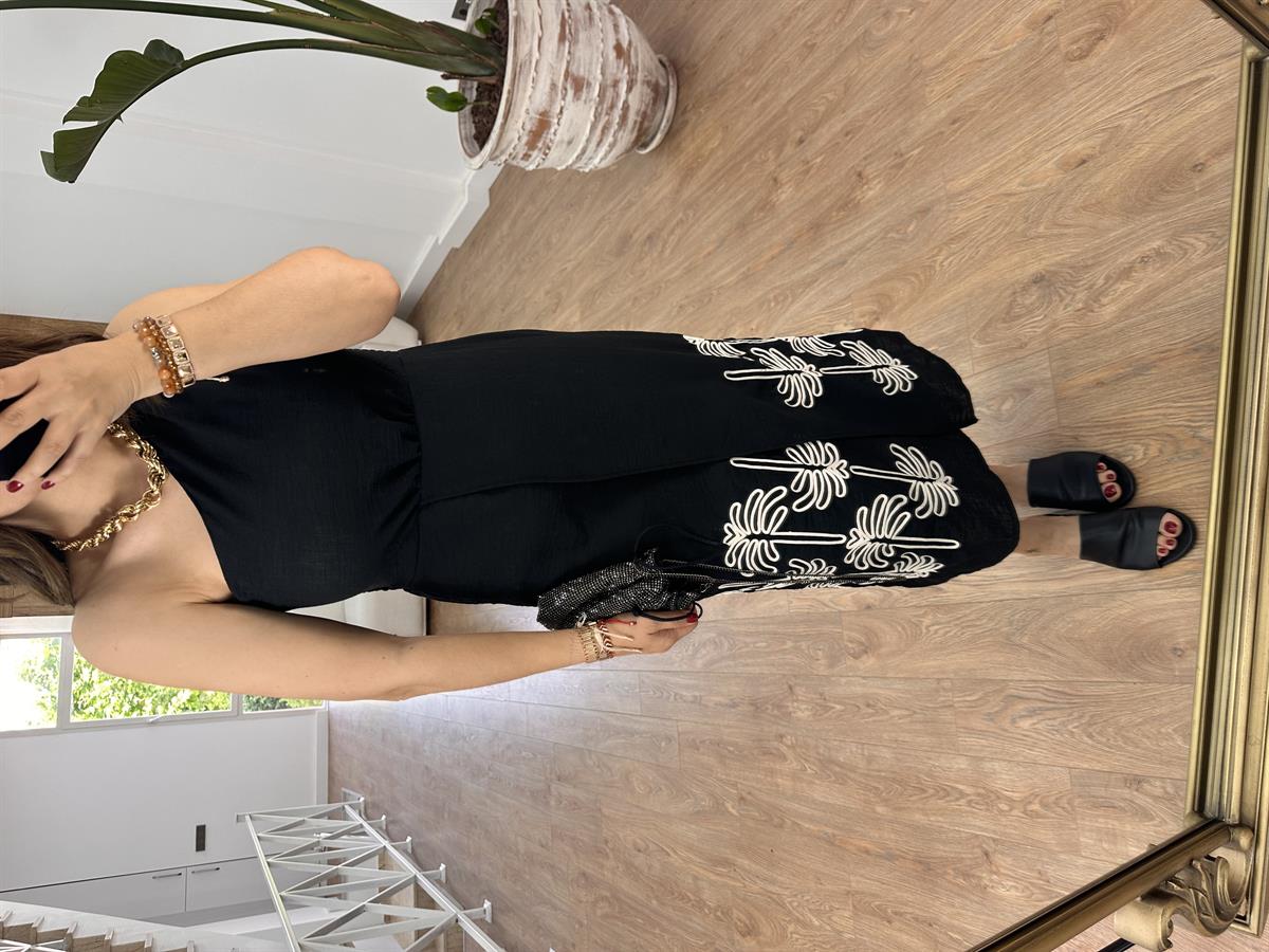 Eteği Nakışlı Tek Omuz Keten Elbise