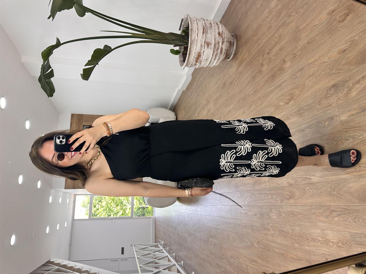 Eteği Nakışlı Tek Omuz Keten Elbise