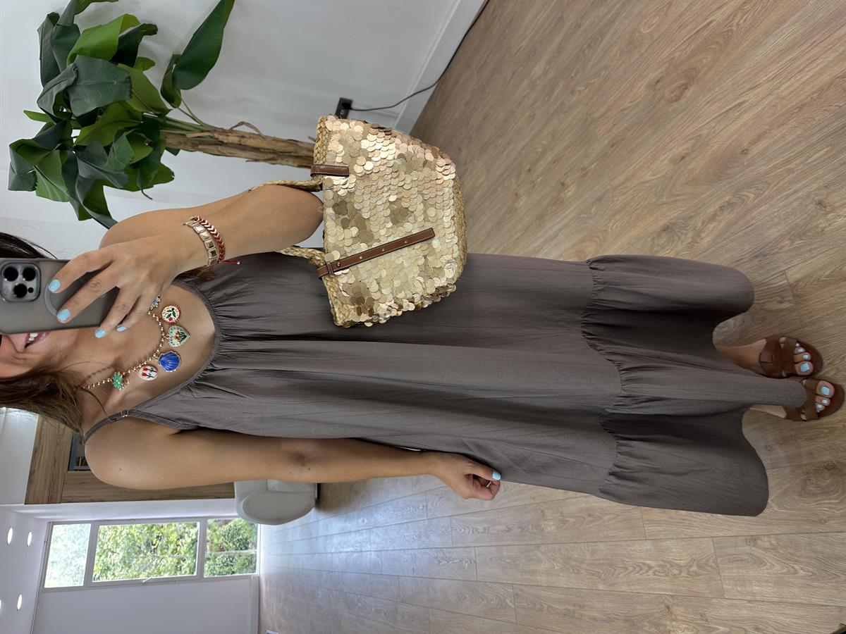 Etek Ucu Fırfırlı Askılı Salaş Elbise - Kahverengi