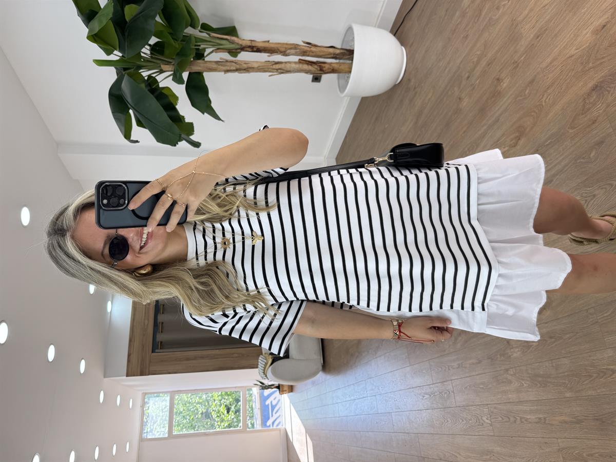 Etek Ucu Fırfırlı Çizgili Elbise - Beyaz