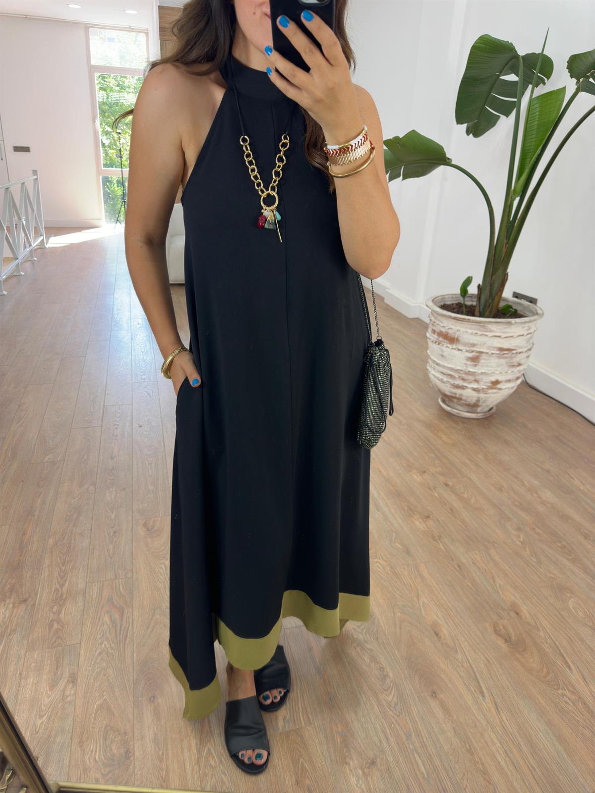 Etek Ucu Garnili Cepli Salaş Elbise