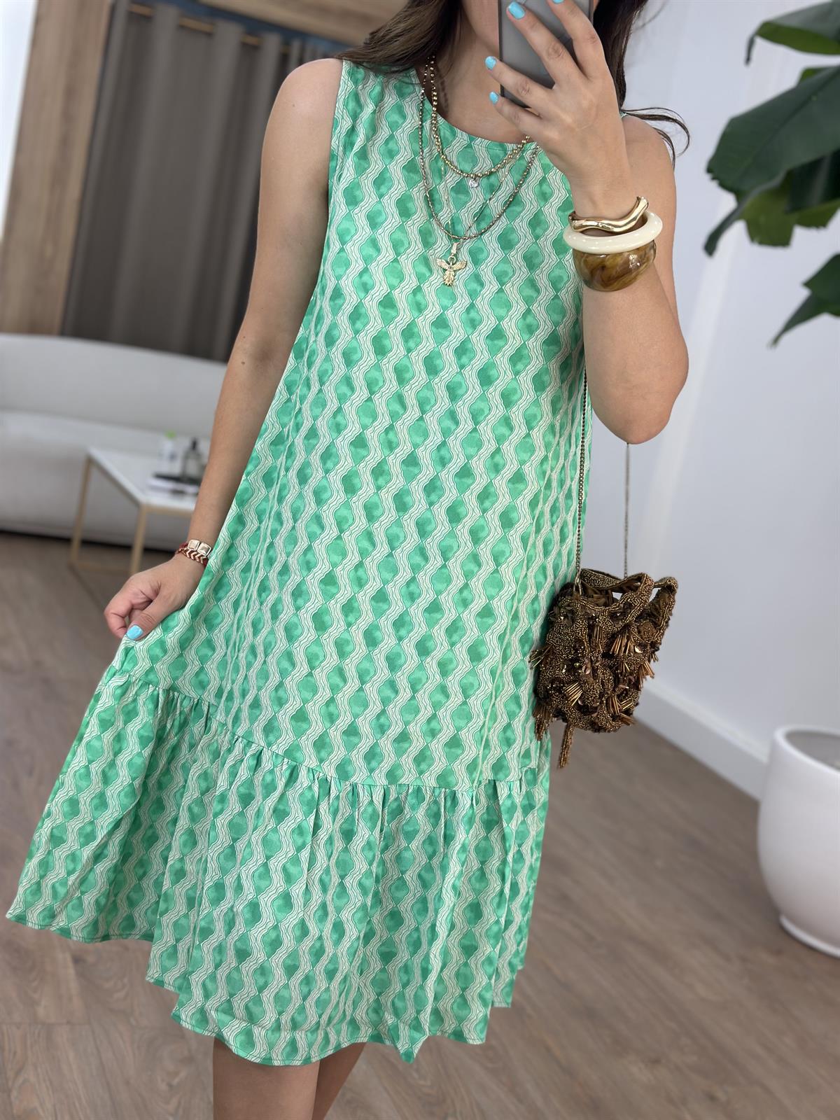 Etek Ucu Volanlı Desenli Elbise - Yeşil