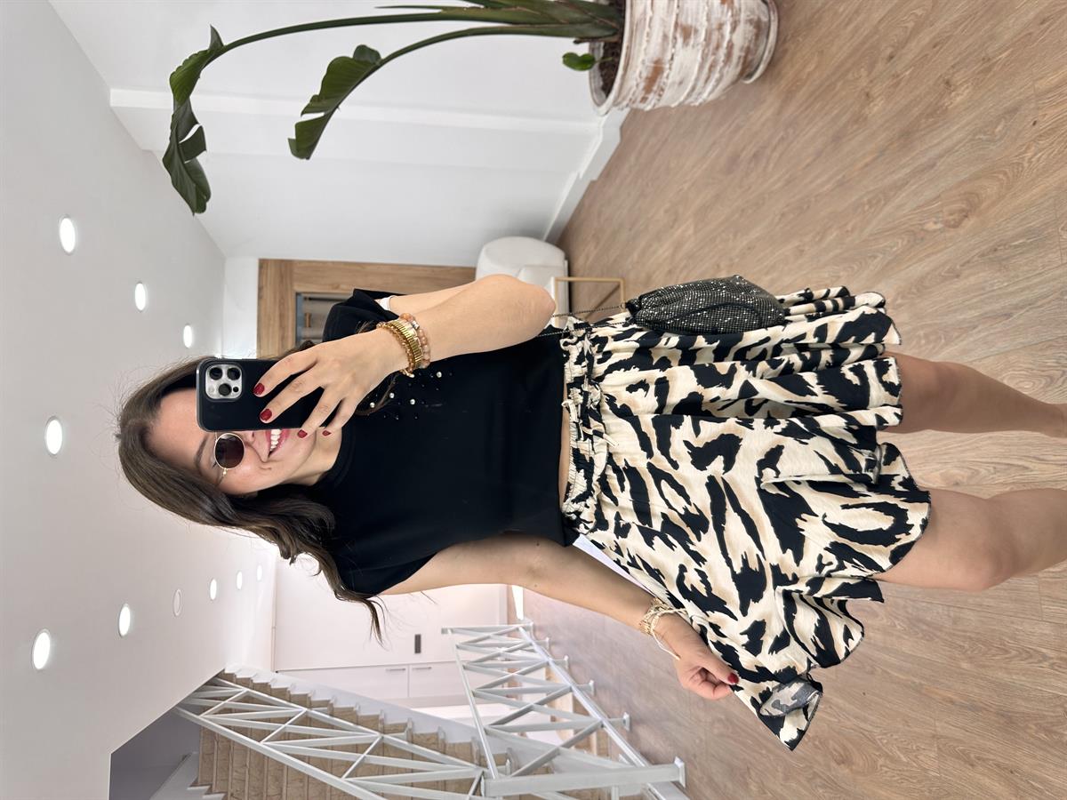 Etek Ucu Volanlı Leopar Desenli Etek