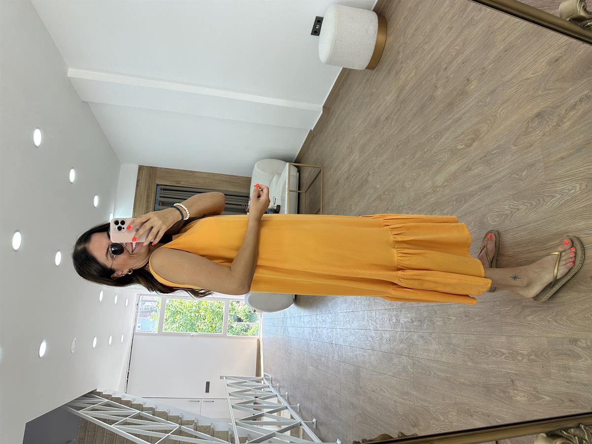 Etek Ucu Volanlı Maxi Elbise - Turuncu