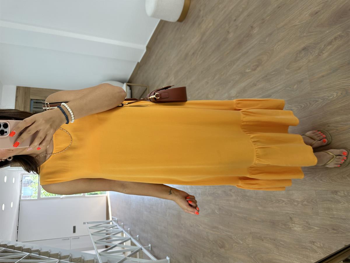 Etek Ucu Volanlı Maxi Elbise - Turuncu